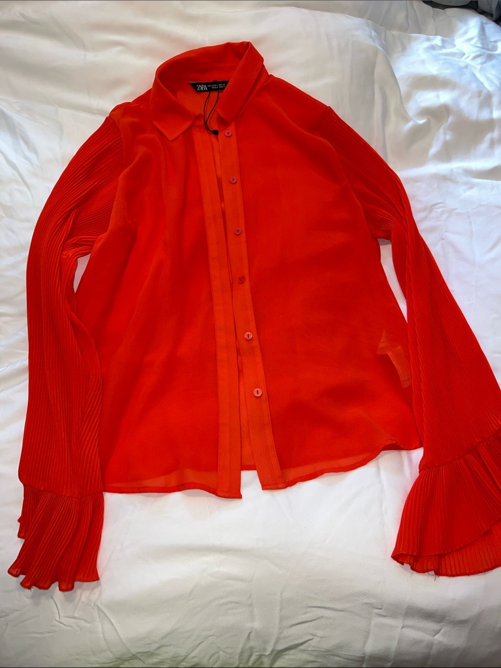 Zara Vibrant Orange Sheer Button-Down with Pleated Flared Sleeves